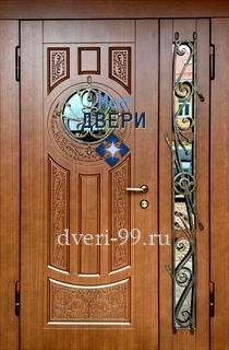 Входная дверь Полуторная дверь МДФ с круглым стеклопакетом и ковкой №39