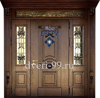 Входная дверь Парадная крупногабаритная дверь МДФ с ковкой, остеклением и карнизом №40