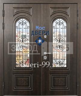 Входная дверь Двустворчатая дверь с стеклопакетом, ковкой и отделкой фрезерованным МДФ