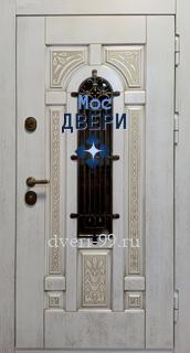 Входная дверь Дверь МДФ с патиной, ковкой и стеклом, терморазрыв №85