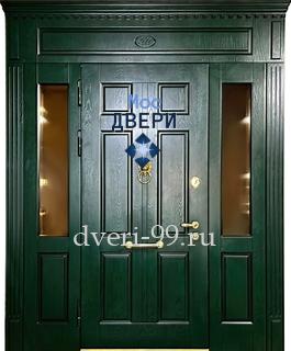 Входная дверь Зеленая дверь МДФ шпон с капителью и стеклом, терморазрыв №156