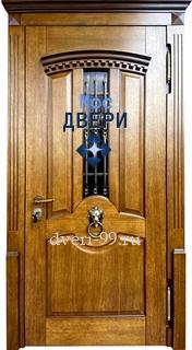  Дверь массив с ковкой, стеклом и карнизом №41